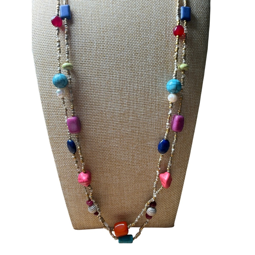 Gold Tone Multi Color Faux Turquoise Mixed Stone Bead Long Strand Boho Necklace